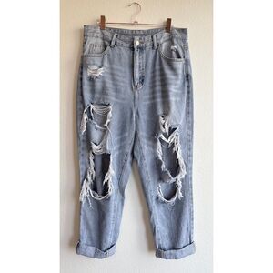 Super Distressed Wide Leg High Rise Jeans in Light Blue Stonewash size Large